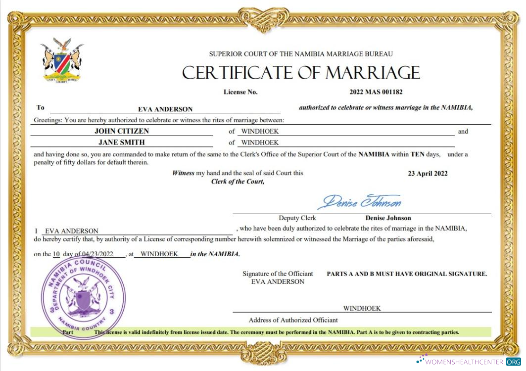 Download Namibia marriage certificate Word and PDF template Photoshop template